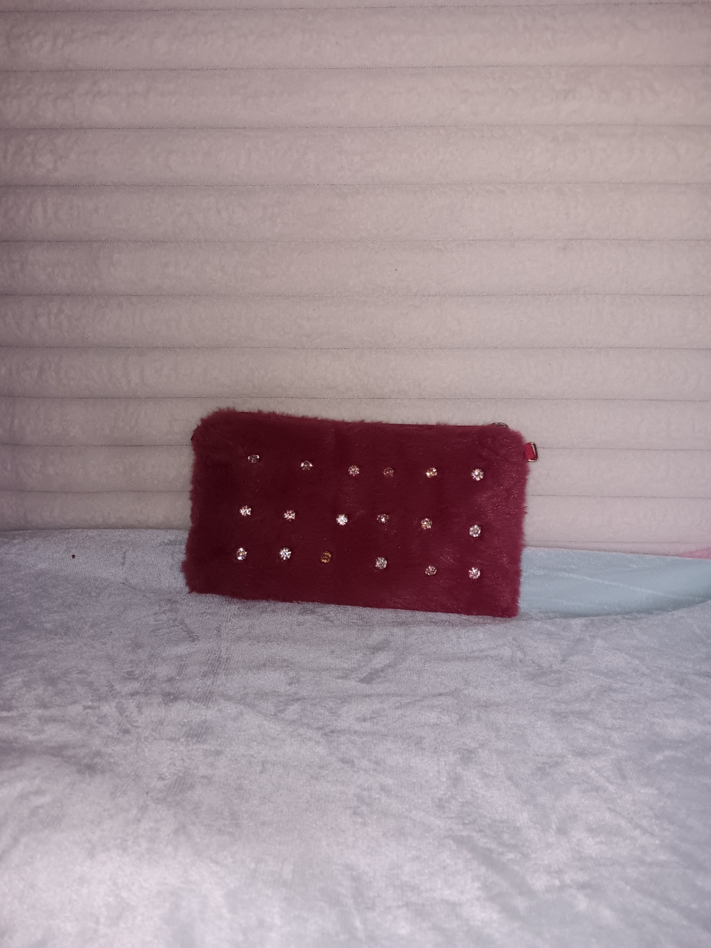 Burgundy Faux Fur Mini Wristlet with Rhinestone Studs